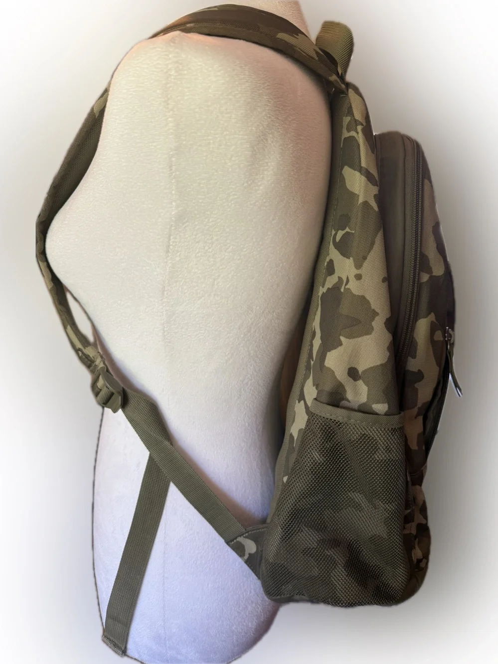Nike Camo Backpack with White Logo and Olive Accents